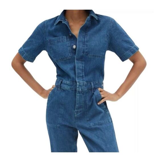 Everlane The Short Sleeve Denim Overall Button Up Blue Jumpsuit Organic Cotton 8 - Picture 3 of 16
